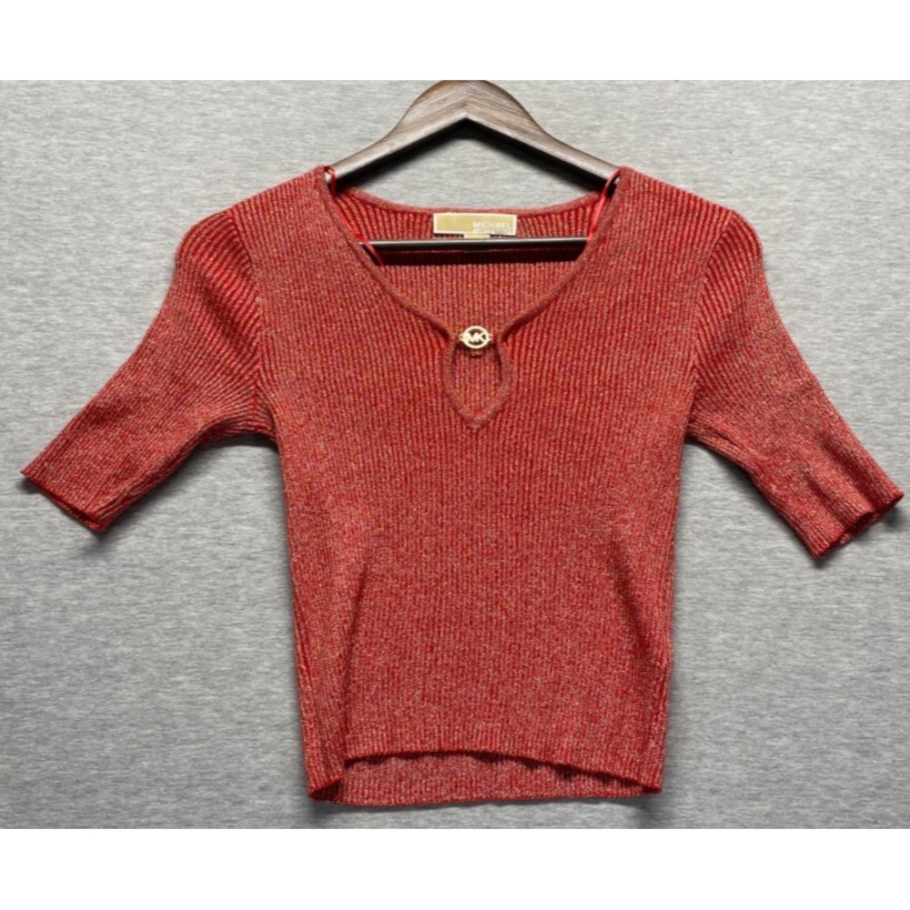 Michael Kors Metallic Ribbed Top Womens XS Persimmon Red Knitted Keyhole Front